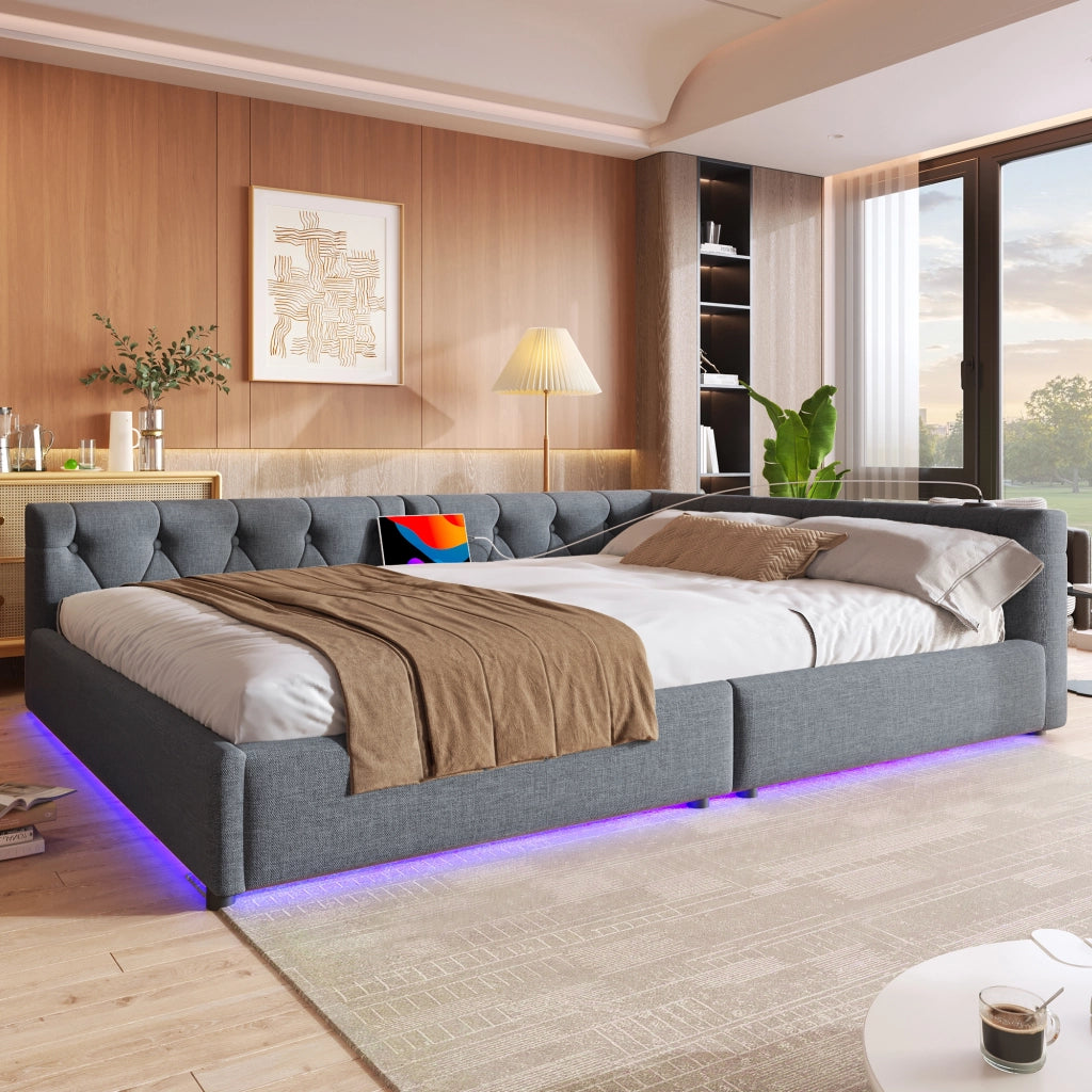 Divano letto con rete a doghe in lino grigio 140x200 cm