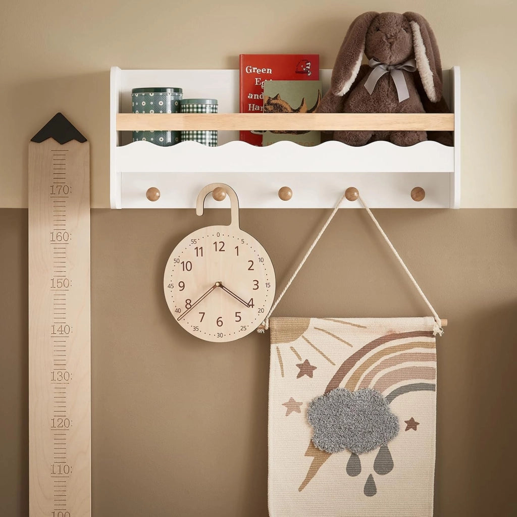 Libreria per bambini Mensola a muro Appendiabiti bambini con cinque ganci Bianco 73x15x30cm KMB78-W
