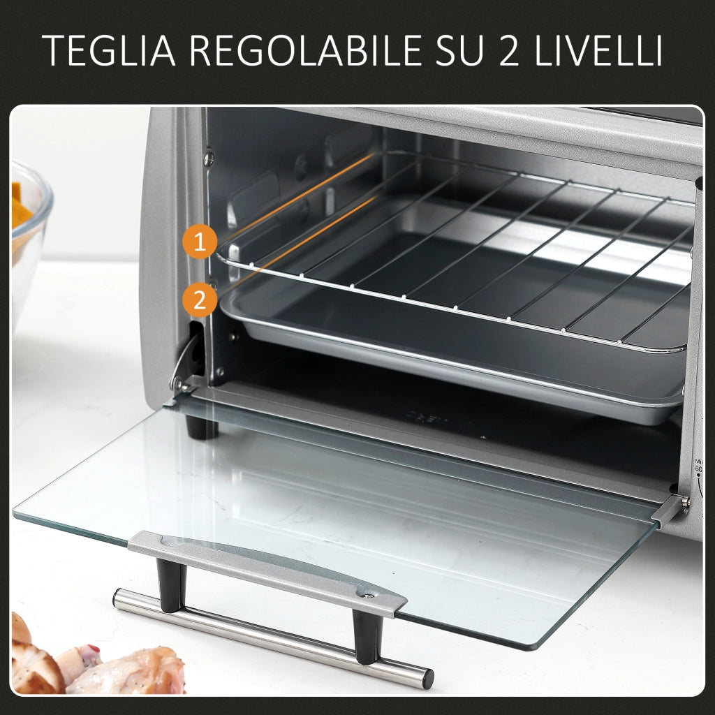 EasyComfort Fornetto Elettrico 10L Temperatura Regolabile e Timer, Griglia e Teglia Incluse, 750W, 36.5x26x22cm, Argento Nero