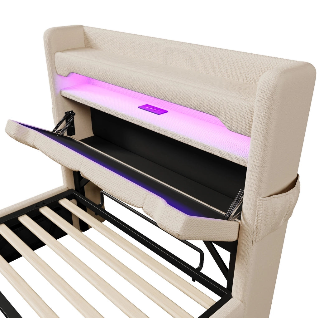 Letto singolo imbottito ULEVR 90x200 cm con contenitore idraulico, LED 360¡ã, USB e Type-C, beige