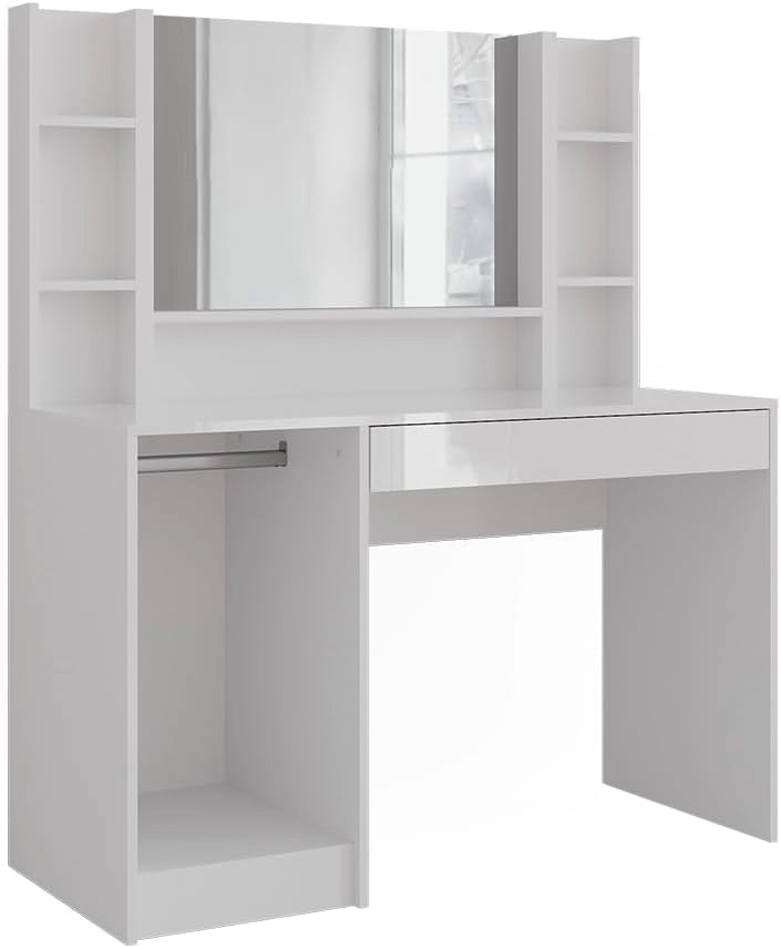 Tavolo da toeletta Sherry, Bianco/bianco lucido, 119.8 cm 4 parti, con specchio superiore per l'uso quotidiano e l'organizzazione