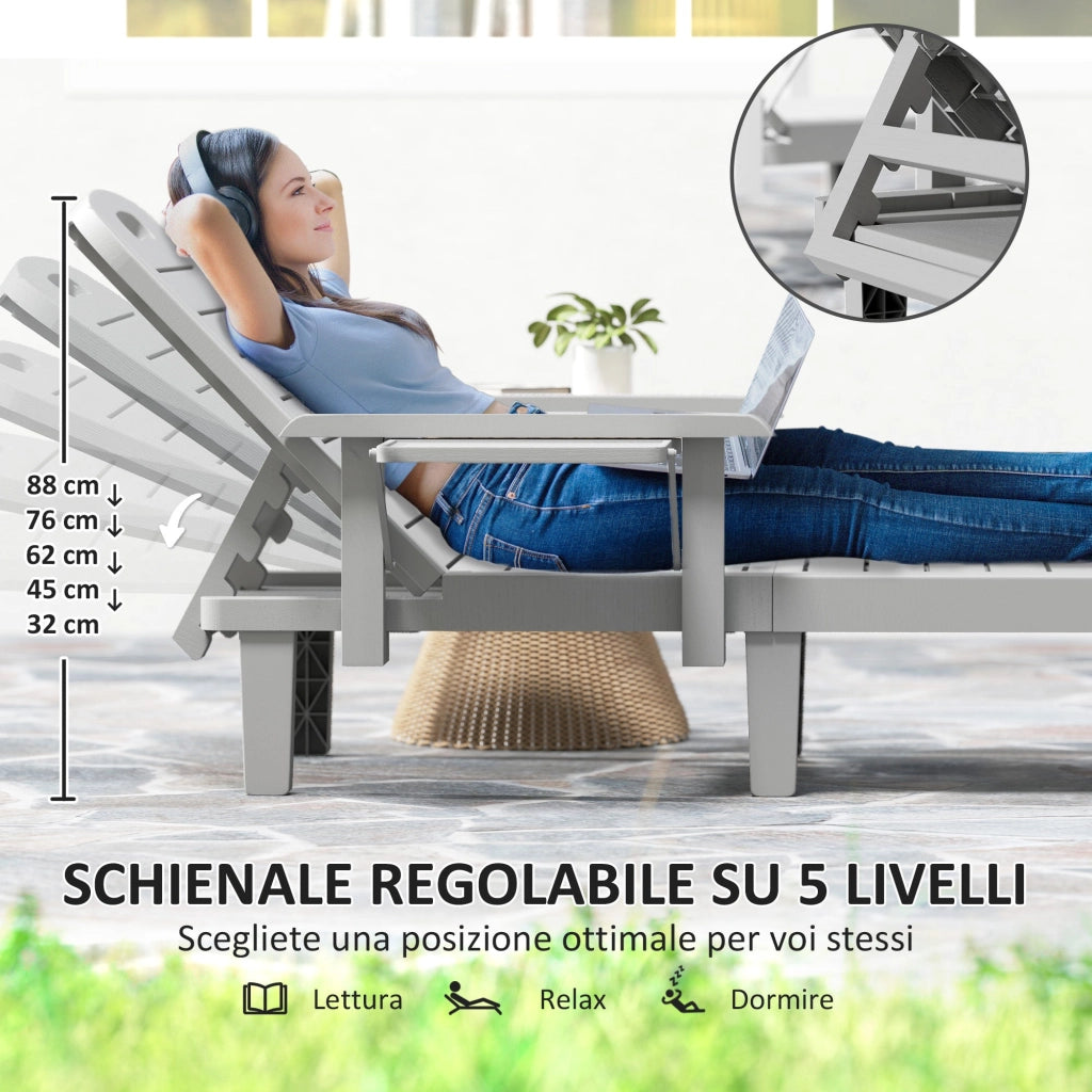 Set 2 Lettini da Giardino Regolabili 79x158x88 cm con Tavolino Pieghevole in Polipropilene Grigio Chiaro