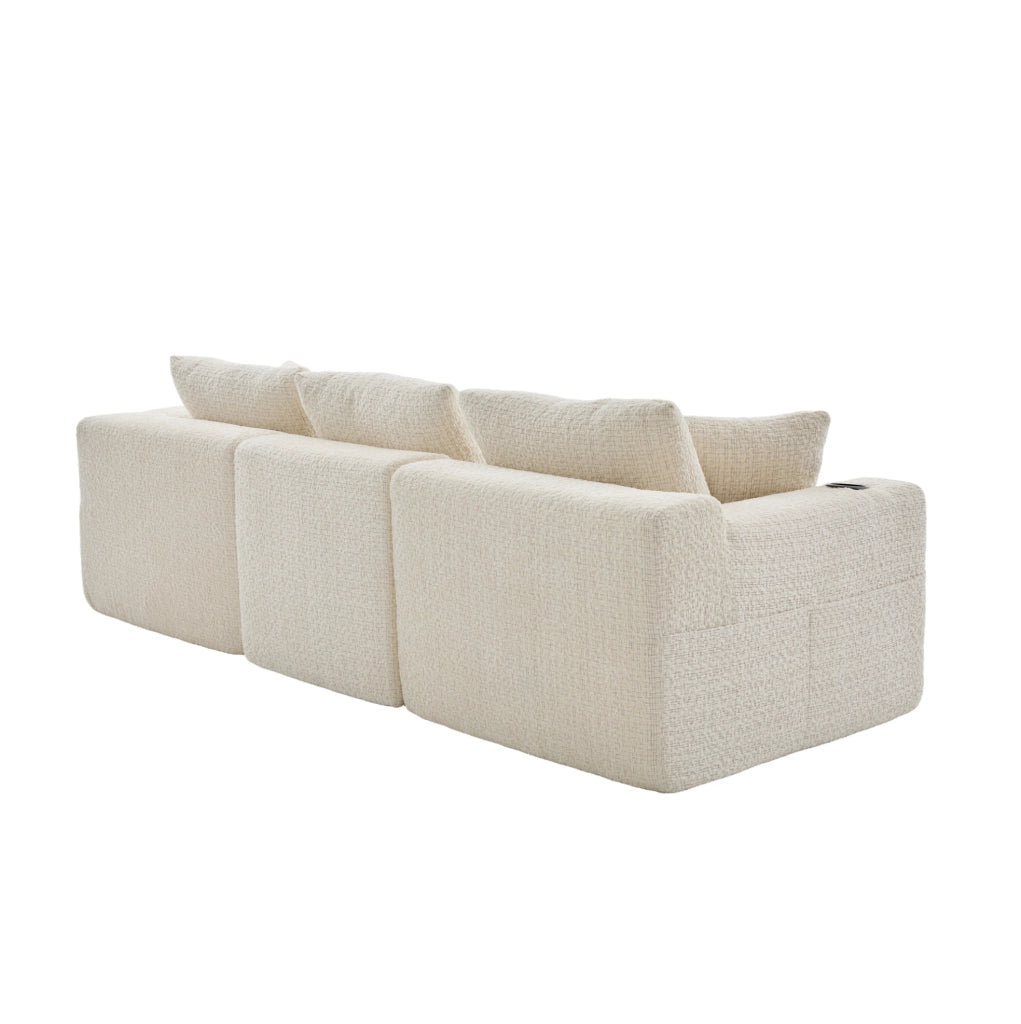 Divano angolare modulare beige in ciniglia con portabevande e tasche laterali