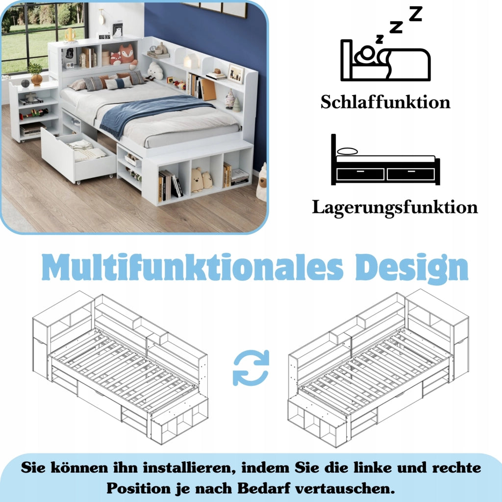 Letto singolo per bambini 90x200 - Xylo - Bianco con cassetti e scaffale
