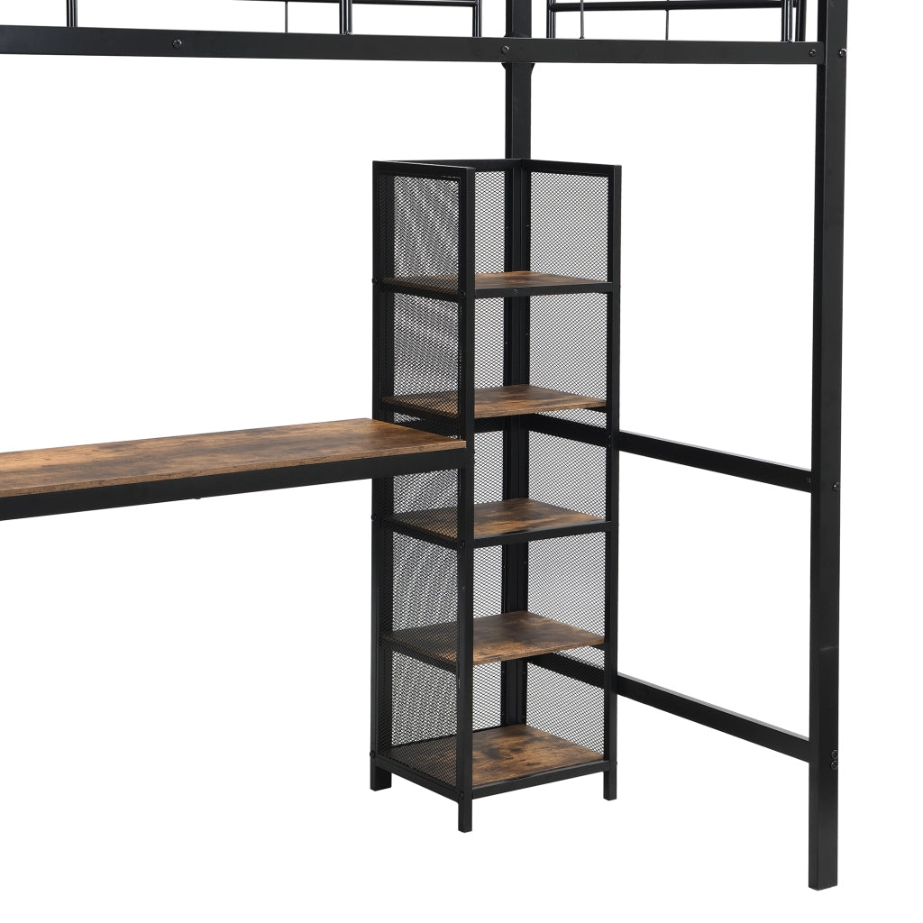 Letto a Soppalco Singolo con Scrivania; 5 Vani e Griglia in Metallo 90×200 cm; senza Materasso; Nero