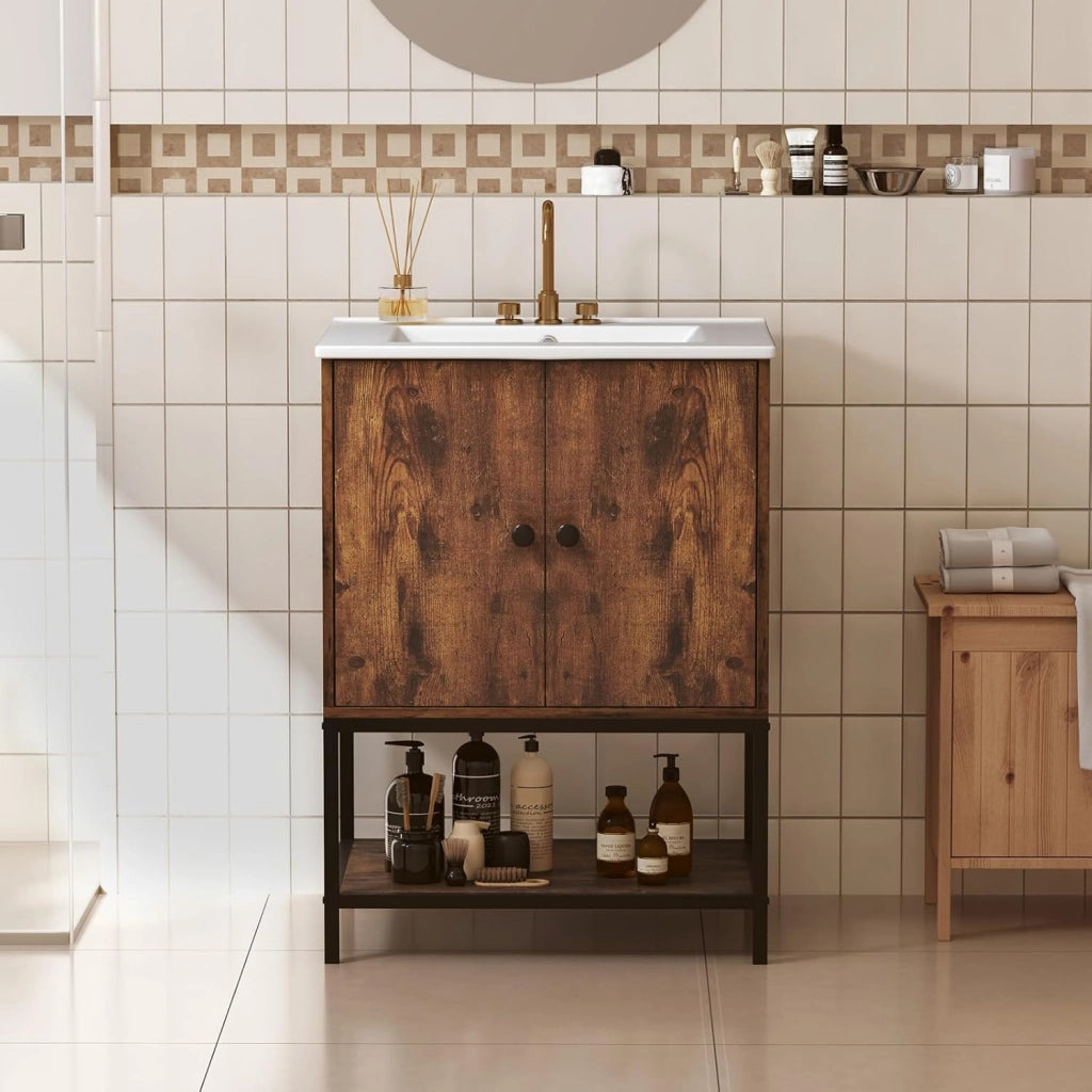 Mobile da Bagno in Legno, Mobiletto con 2 Ante e Mensola Aperta, Mobile da Bagno a Terra Stile Vintage con Lavandino in Ceramica, 61 x 46,5 x 87 cm, Marrone Rustico
