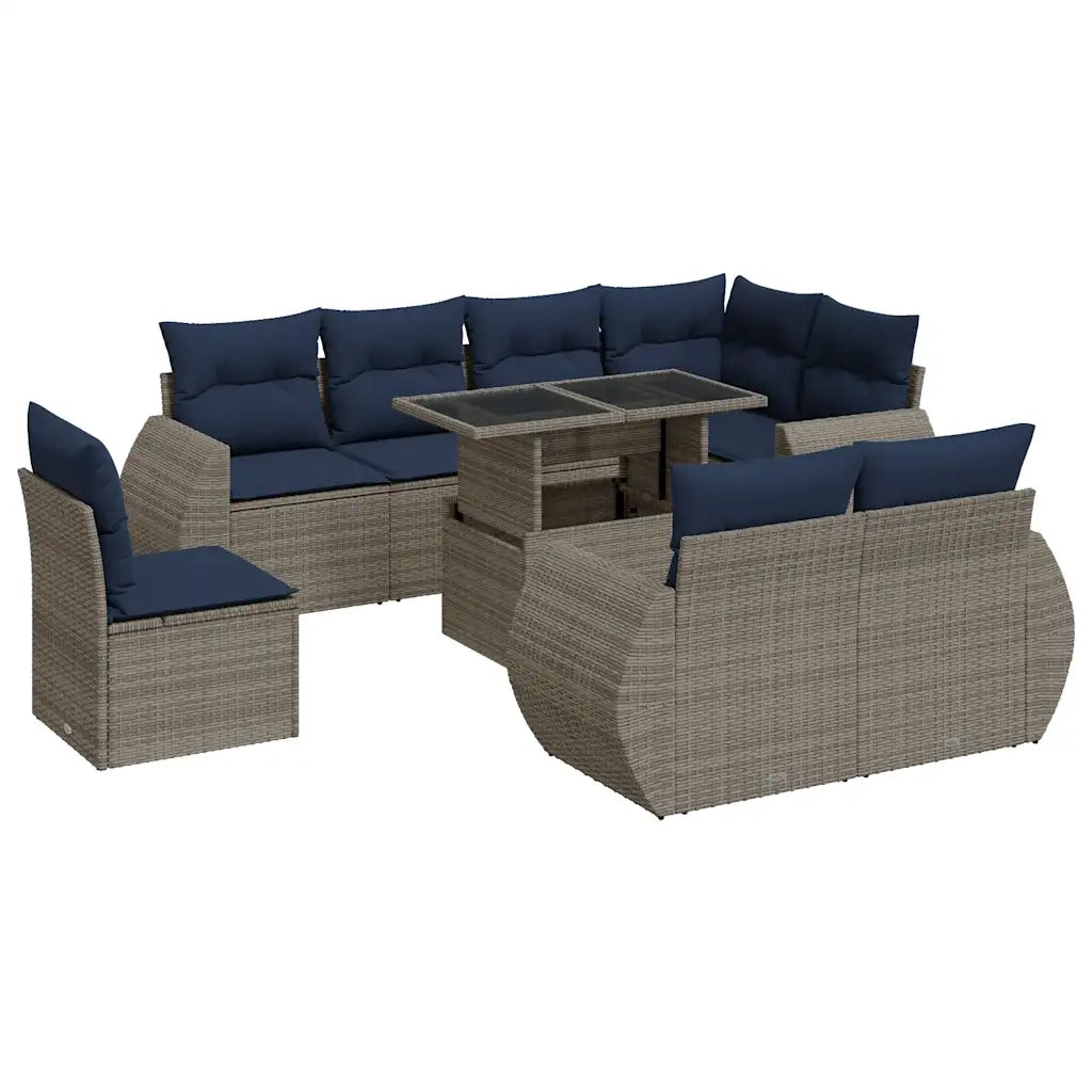 Set Divano da Giardino 9pz con Cuscini Grigio Polyrattan Acacia