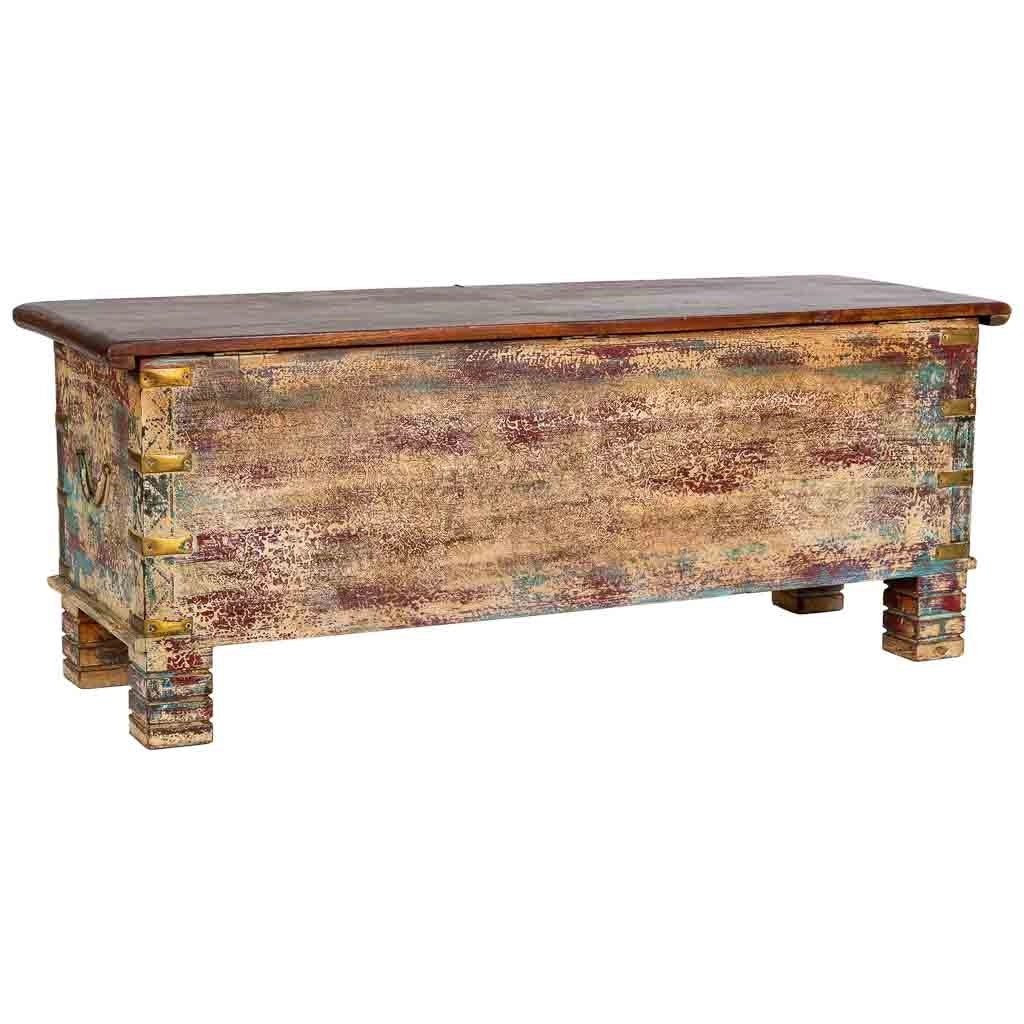 Baule artigianale in legno invecchiato beige 115x40x45h cm