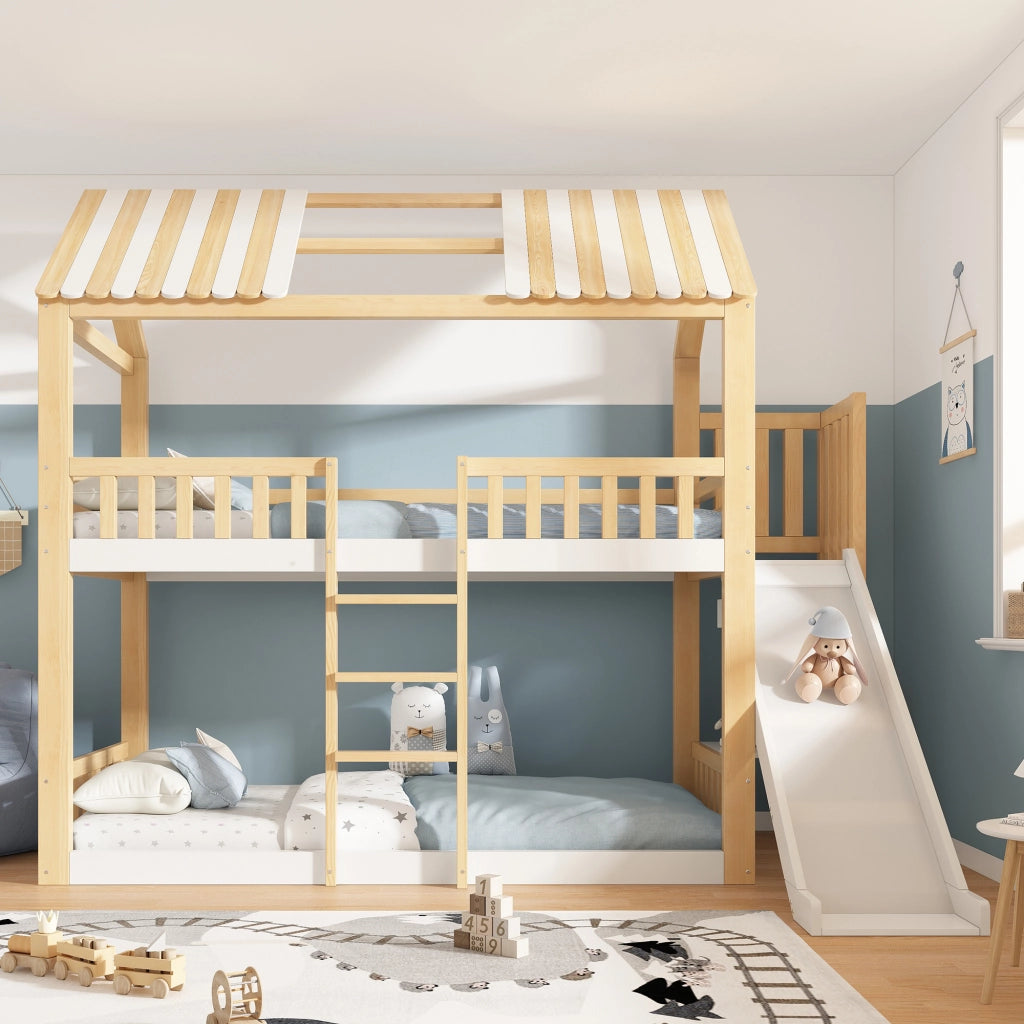 LETTO A CASTELLO 90x200 cm con tetto a capanna, bianco e naturale, con scaffale
