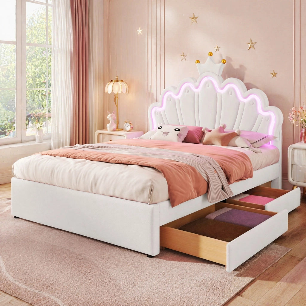 LETTO 140x200 cm in PU Bianco con 2 cassetti e testiera regolabile