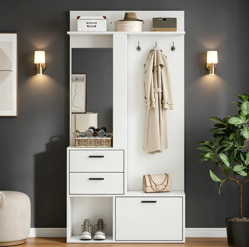 Garderoba 90x30x180 cm con specchio; ripiani pieghevoli e ganci in MDF bianco