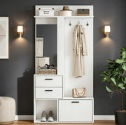 Garderoba 90x30x180 cm con specchio; ripiani pieghevoli e ganci in MDF bianco