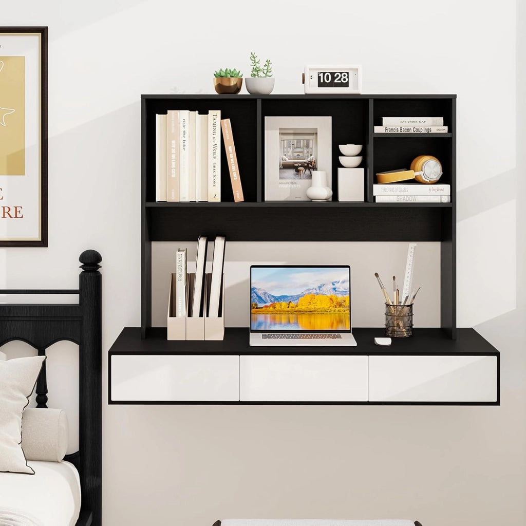 Scaffale da scrivania con 4 scomparti aperti, scaffale da tavolo con dispositivo di protezione ribaltabile e cuscinetti antiscivolo, in legno, 94 x 25 x 73 cm (nero)