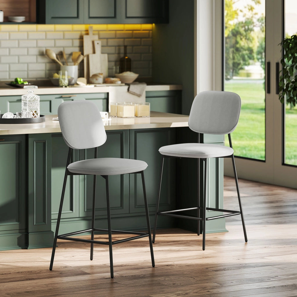 Set 2 Sedie da Bar con Poggiapiedi ¨C Zephmum ¨C Grigio Chiaro Velluto Metallo 45x49x102 cm