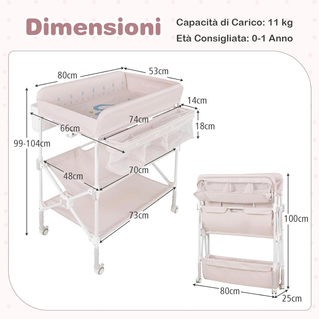 Fasciatoio Pieghevole Neonato, Fasciatoio Portatile con Altezza Regolabile, Comodino per Pannolini con Ruote di Bloccabili, 2 Ripiani, Porta Asciugamani, Cestino di Rifiuti (Beige)
