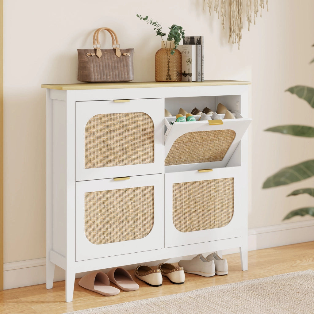 Scarpiera 20 paia con 4 ante ribaltabili effetto rattan ¨C Xylo ¨C Bianco 105x24x95,5 cm