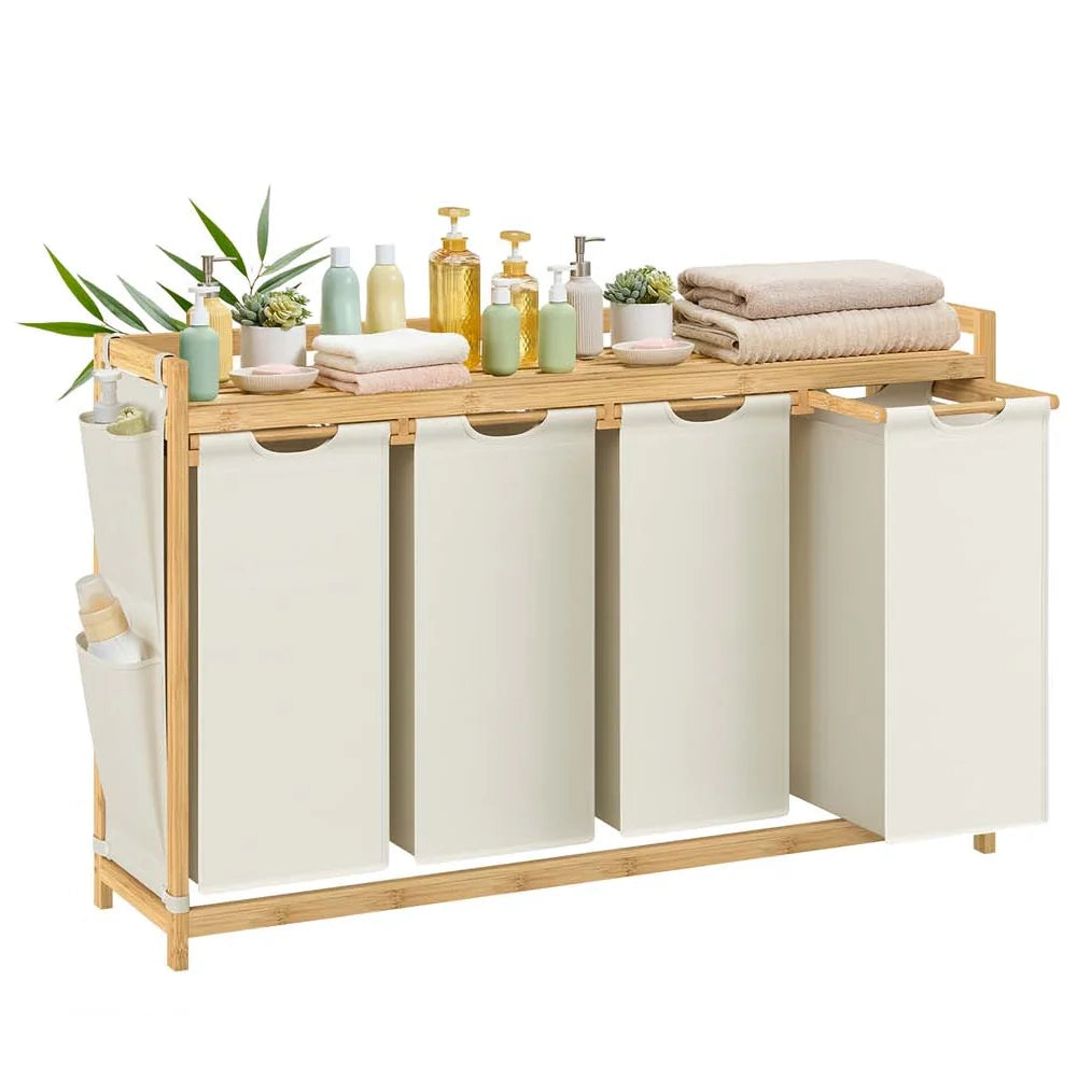 Cesto portabiancheria con 4 scomparti cesto portabiancheria in bambù capacità 200 litri con ripiano e tasche laterali 124,6 x 33 x 78 cm beige 12_0007979