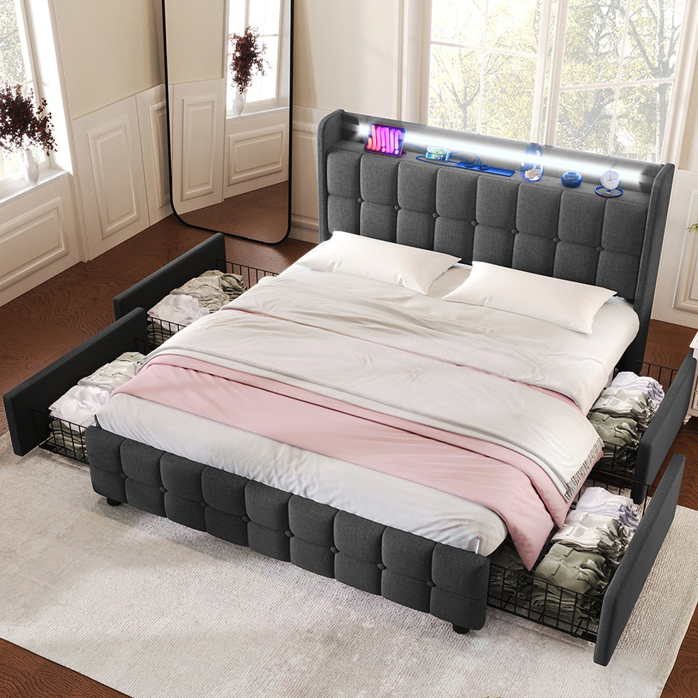 Letto imbottito con testiera e illuminazione LED - Xylo - 180x200 cm - Grigio - USB e 4 cassetti