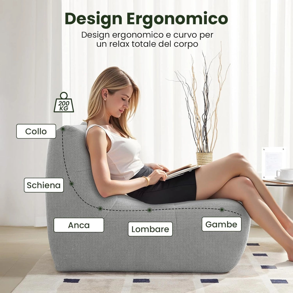 Poltrona Imbottita da Terra, Pouf Poltrona con Schienale, Sfoderabile, per Soggiorno, Camera da Letto, Balcone, 98x84x73 cm, in Spugna, Grigio, 0034XXY