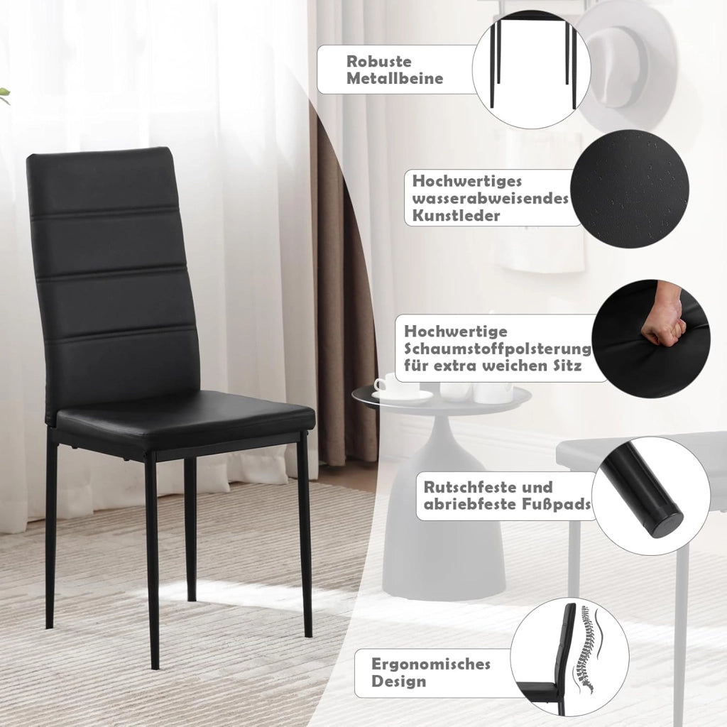 Sedie Sala da Pranzo 4 Pezzi, Sedie da Cucina, Sedia da Pranzo con Schienale Alto, Senza Braccioli, per Camera da Letto, Soggiorno, Sala Reception, in Similpelle e Metallo, Nero, EZS46sz-4