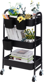 Carrello di archiviazione, 3 livelli, metallico, carrello con ruote, organizzatore, carrello per cucina, bagno, ufficio, nero, con 3 contenitori