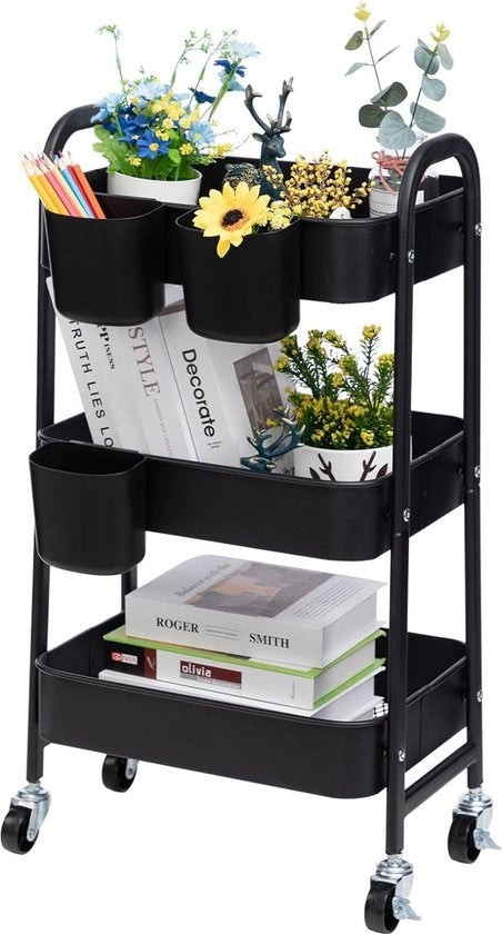 Carrello di archiviazione, 3 livelli, metallico, carrello con ruote, organizzatore, carrello per cucina, bagno, ufficio, nero, con 3 contenitori
