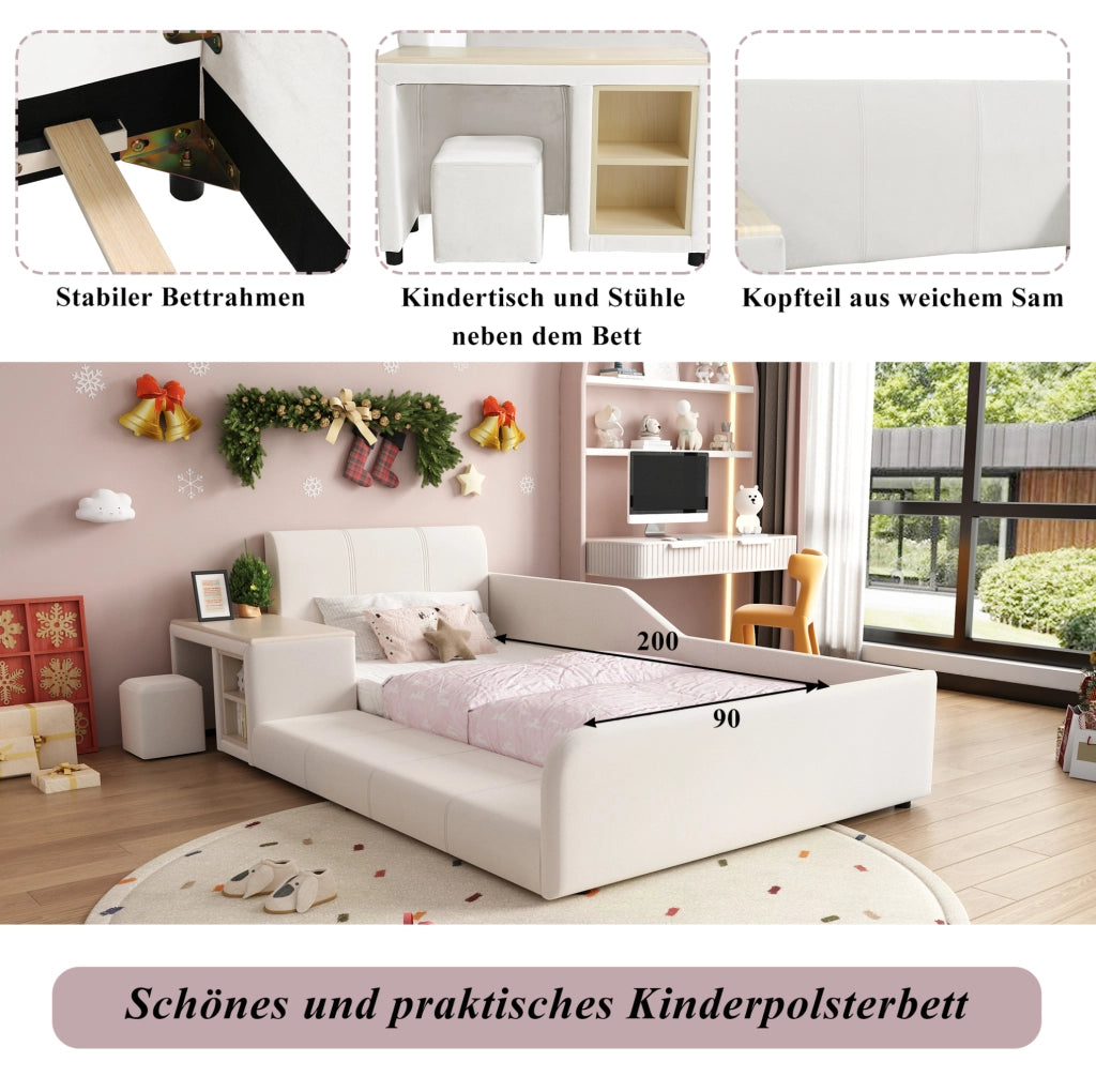 Letto singolo imbottito per bambini 90x200 cm con scrivania e sgabello
