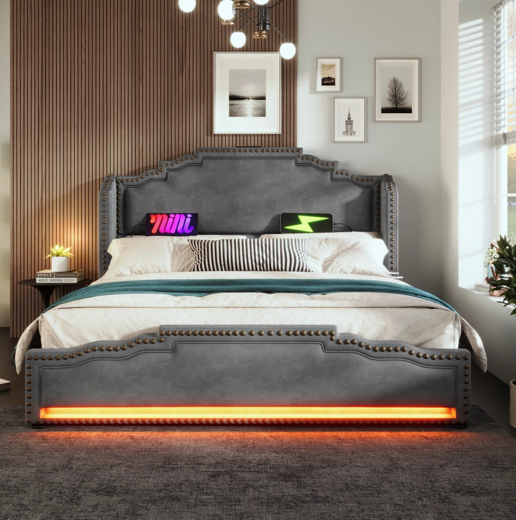 Letto imbottito 140x200 cm grigio con materasso, LED, USB-C e 4 cassetti