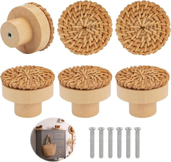 6 pezzi di maniglie di rattan in legno 4 x 3 cm maniglia di porta cassetti vintage maniglie di rattan rotonde con viti per cassetti carrello cucina soggiorno