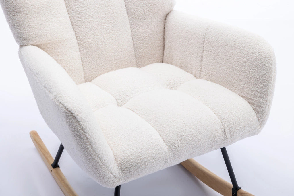 Poltrona a dondolo in tessuto teddy con schienale ergonomico e base in legno, per soggiorno e cameretta, bianco
