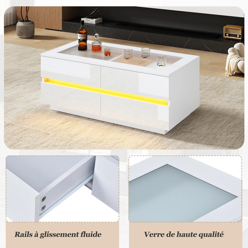 Tavolino da caffè con 4 cassetti; LED e piano in vetro temperato; in pannelli di particelle bianco; 100 × 50 × 40 cm