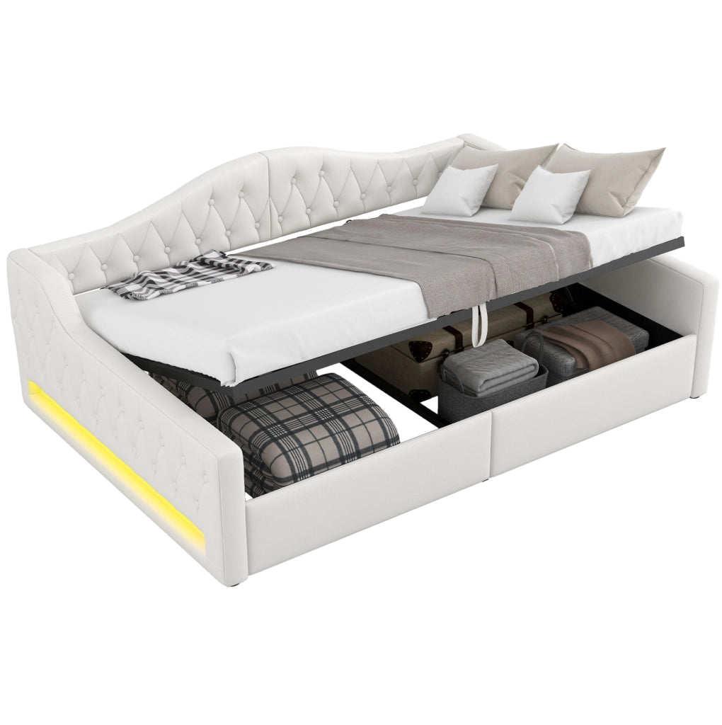 Letto da giorno imbottito 140x200 cm beige con LED e vano contenitore