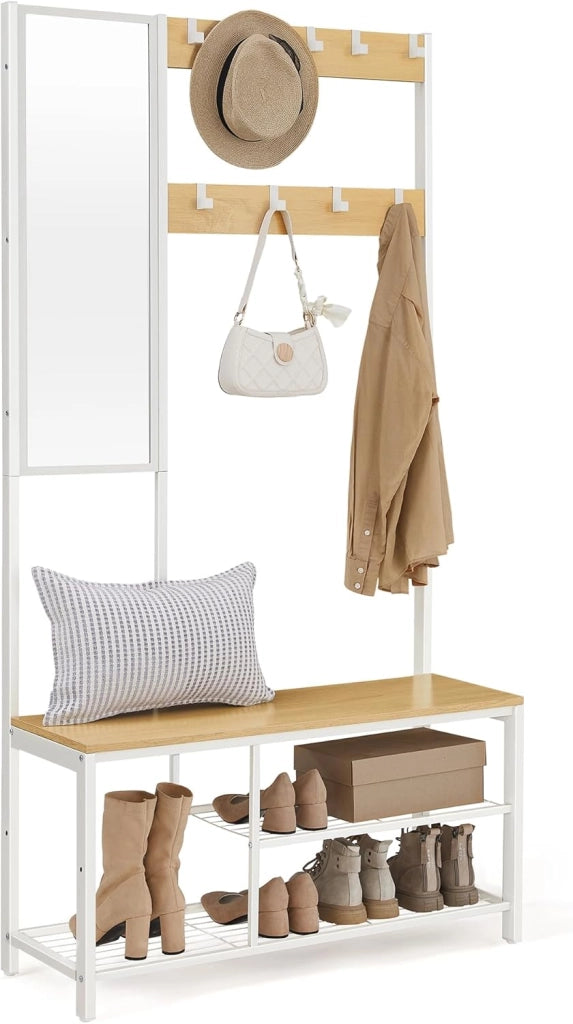 VASAGLE Appendiabiti, Mobile Ingresso con Ganci, Specchio, Panca Scarpiera e Ripiani, 36 x 98 x 185 cm, Corridoio Camera da Letto Salotto, Color Rovere e Bianco HSR050W09