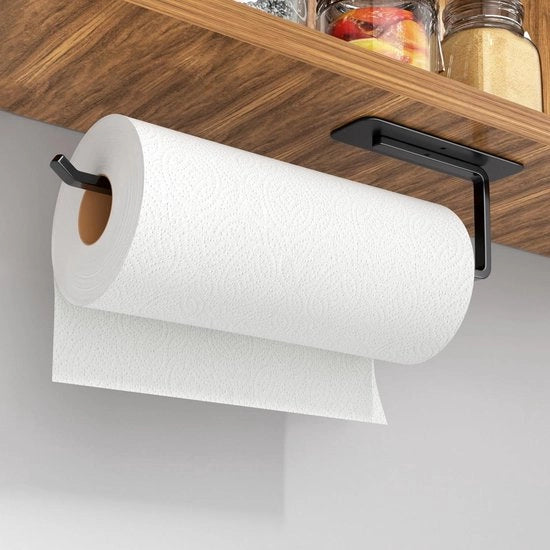 Sostegno per Rotoli da Cucina Nero senza Fori - Supporto per Rotoli di Cucina in Alluminio - Per Adesivi per Rotoli da Cucina e Fori