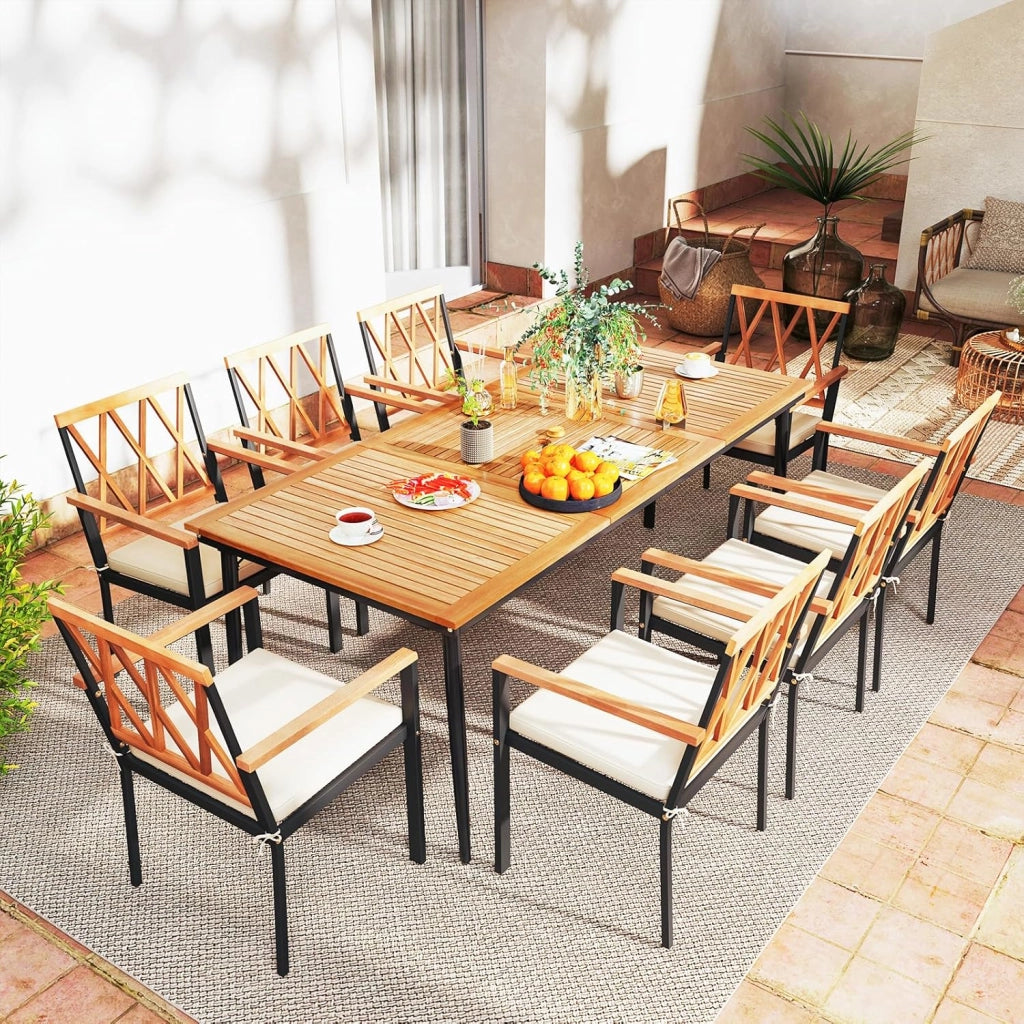 Tavolo da Pranzo a 8 Posti, Tavolo da Giardino 200 cm in Legno di Acacia, con Foro per Ombrellone da 5 cm, Gambe in Metallo, per Giardino, Cortile, Portata 75 kg (Modello 5)