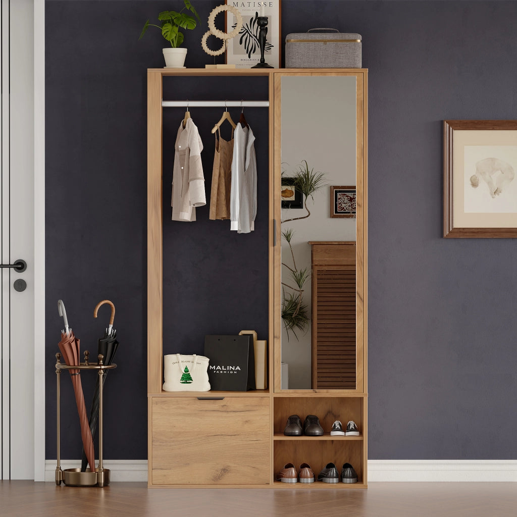 Scarpiera Ingresso con Specchio e Appendiabiti ¨C MINIMAL ¨C Legno, 100x33x190 cm
