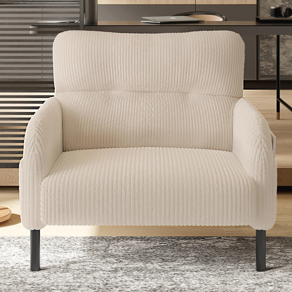 Poltrona singola in corduroy beige con tasca laterale; struttura in metallo; 67x75x79 cm