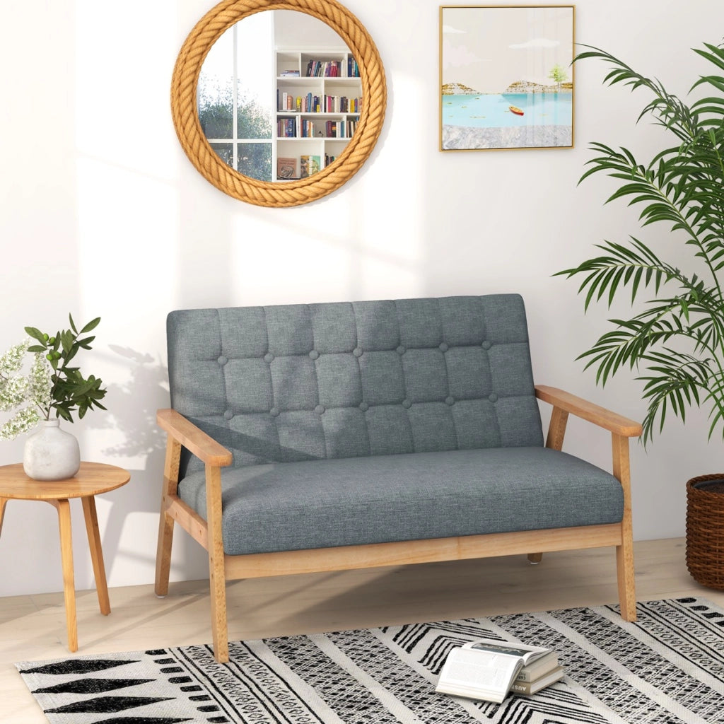 Divano a 2 posti in lino con cuscini e struttura in legno di gomma con design trapuntato, Panchina imbottita Grigio-Divani
