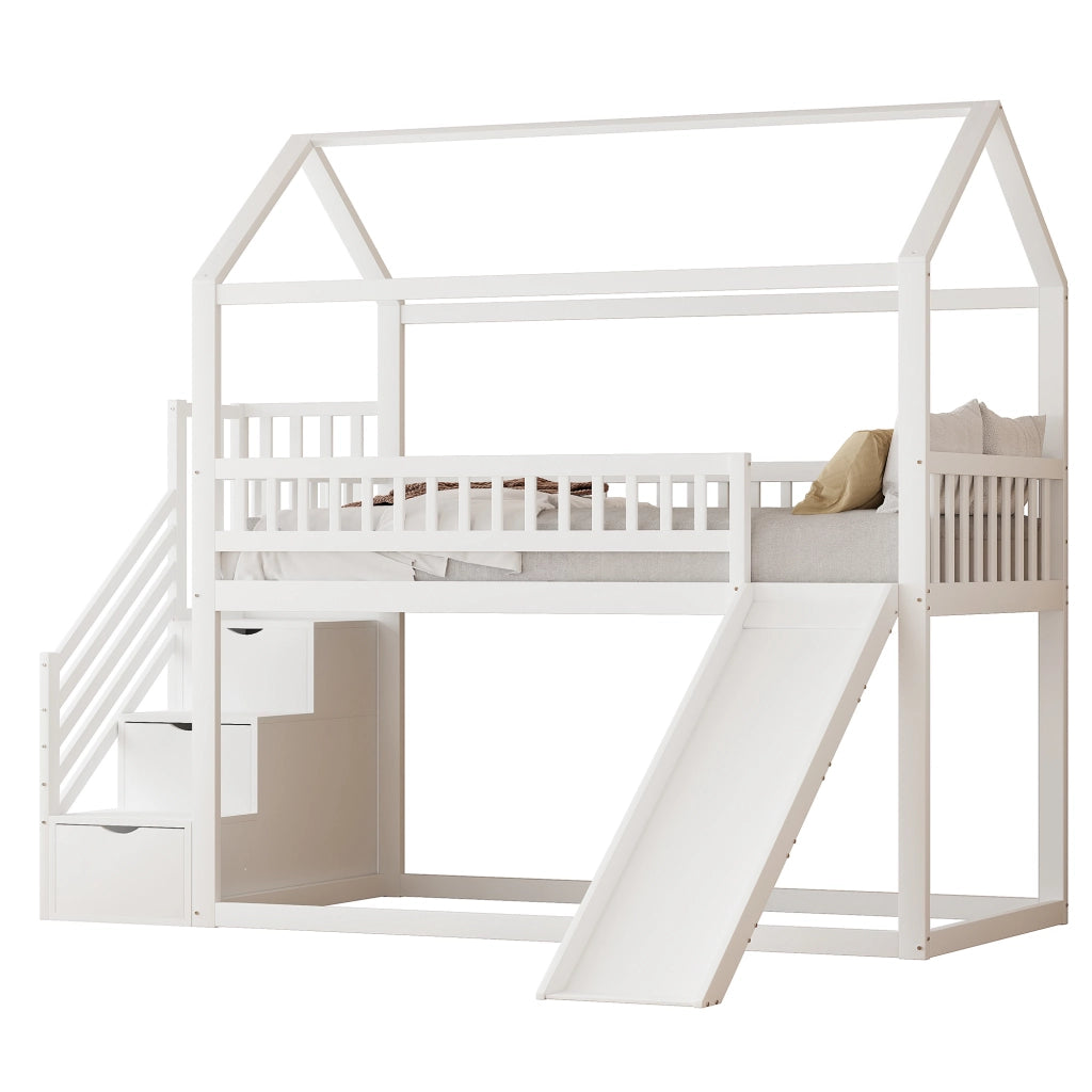 OKWISH Letto a Soppalco 90×200 cm, Letto Singolo con Scivolo, Scala Contenitore e Sponde Alte, senza Materasso, Bianco