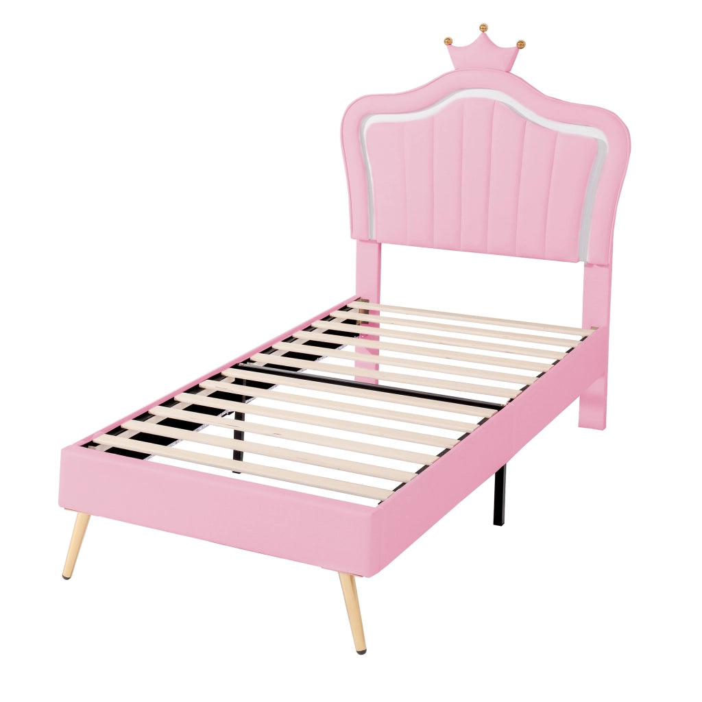 Letto Imbottito per Bambini con LED ¨C MINIMAL ¨C Rosa, PU, Rete a Doghe, 90x200