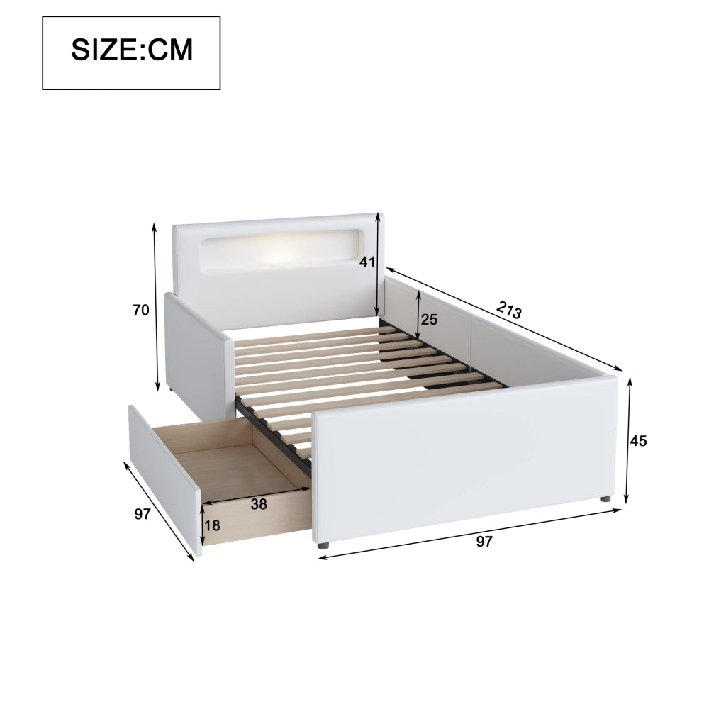Letto 90x200 cm - Letto imbottito,Con luce notturna,Porta di ricarica USB,Con vani portaoggetti,Bianco