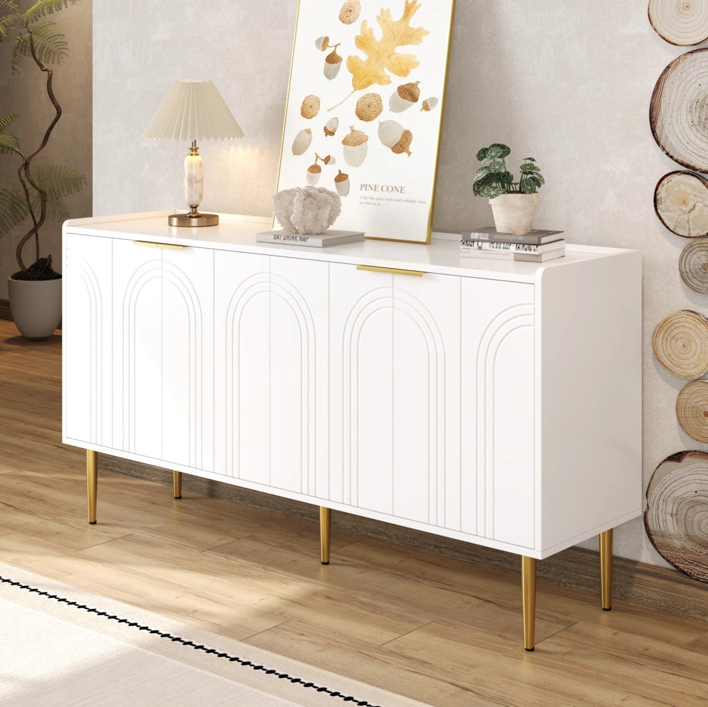 Sideboard 140x38x75 cm con 4 ante; ripiani regolabili; MDF; bianco