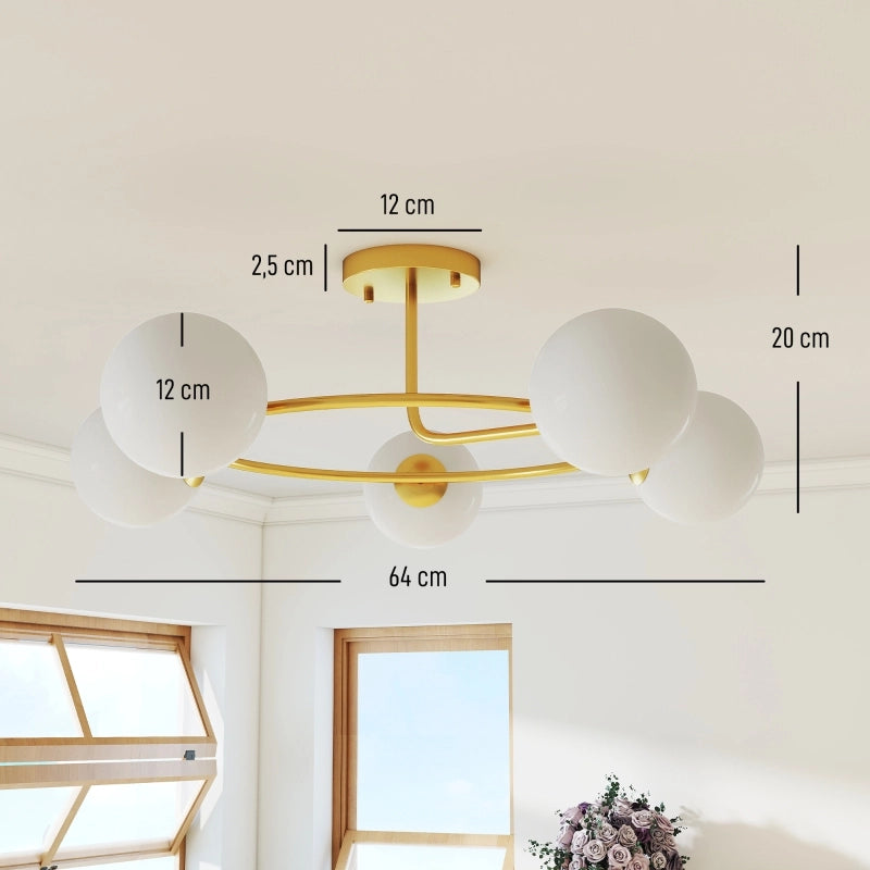 Plafoniera da 20W con 5 portalampade G9, elegante design oro e bianco, lampadine non incluse.