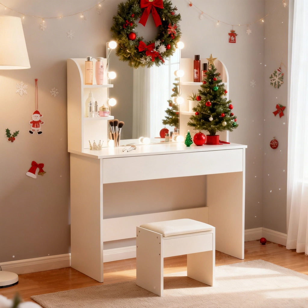 Scrivania Toeletta con Specchio LED e Sgabello ¨C MINIMAL ¨C Bianco