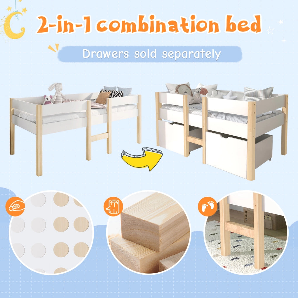 Letto a soppalco semi-alto per bambini 90x200 cm in legno massello di pino bianco