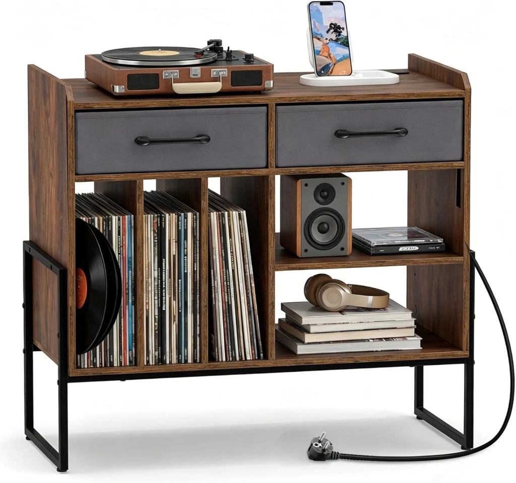 Supporto per giradischi con multipresa, mobile in vinile con 3 scomparti, ripiano regolabile e 2 cassetti rimovibili, mobile giradisco, per salom, sala multimediale, 76 x 36 x 69 cm