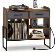 Supporto per giradischi con multipresa, mobile in vinile con 3 scomparti, ripiano regolabile e 2 cassetti rimovibili, mobile giradisco, per salom, sala multimediale, 76 x 36 x 69 cm