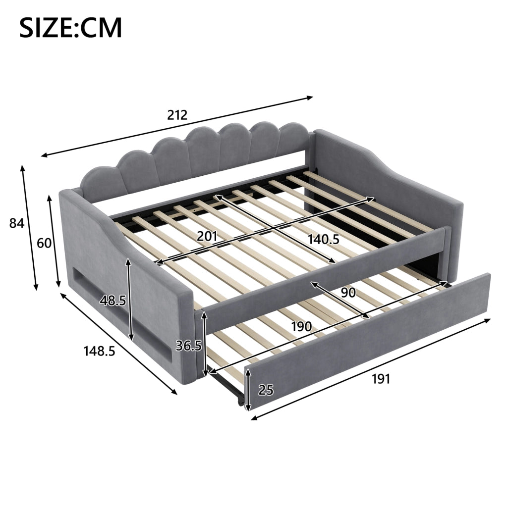 Letto daybed imbottito 140x200 cm con letto estraibile e LED; grigio