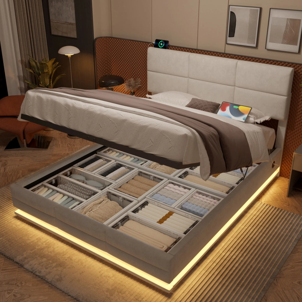 Letto 180x200 cm con contenitore idraulico, LED, USB e velluto beige