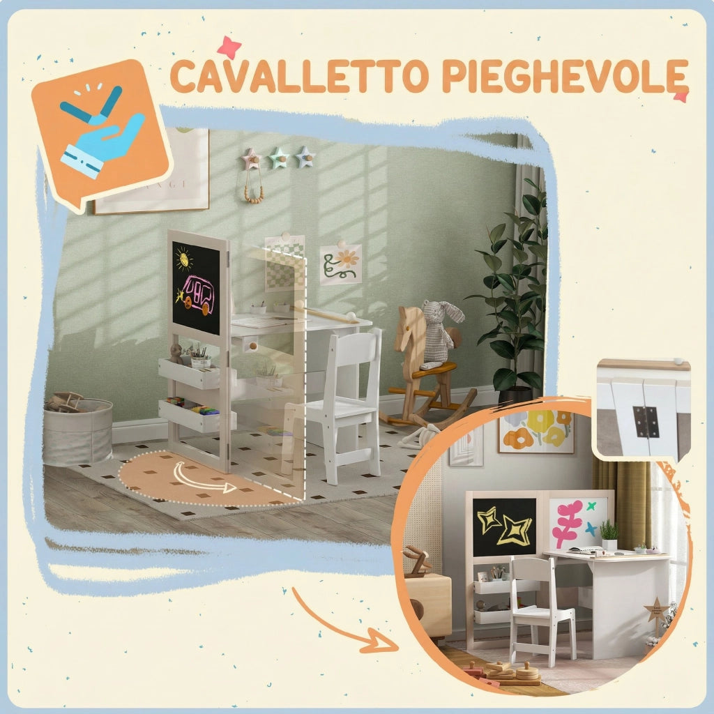 Set Tavolo e Sedia per Bambini 3-8 Anni con Lavagna Nera, Lavagna Bianca, Contenitori e Rotolo di Carta, Bianco